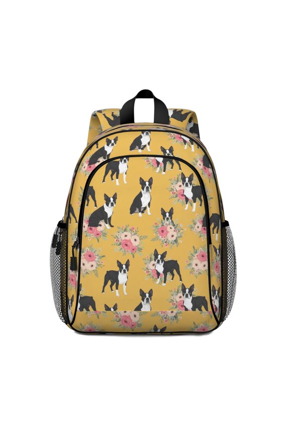 Boston Terrier and Floral Orange Backpack for School, Cute School Bag with Adjustable Shoulder Straps and Padded Back, 15"x11.42"x5.5"