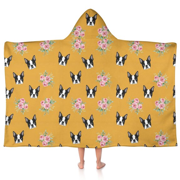 Boston Terrier and Floral Orange Pattern Teens Hooded Bath Towel Wrap for Ages 3 To 12,Quick Dry Lightweight Soft Microfiber Bath Beach Pool,50"x30"