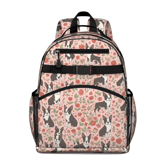 Boston Terrier and Floral Pink Pattern Cute School Backpack Bag for School with Padded Back and Adjustable Shoulder Straps 15.25"x11.5"x5.25"