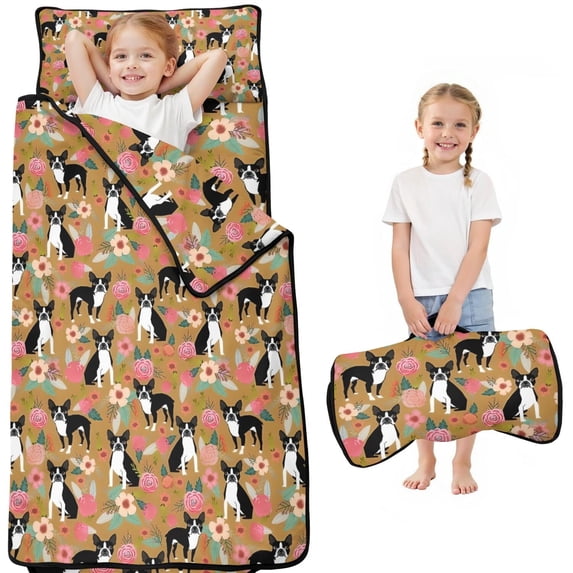 Boston Terrier and Flower Toddler Nap Mats for Kids Preschool,Sleeping Mat Bag or Kids,Toddler Sleeping Bag,Toddler Nap Mat or Daycare