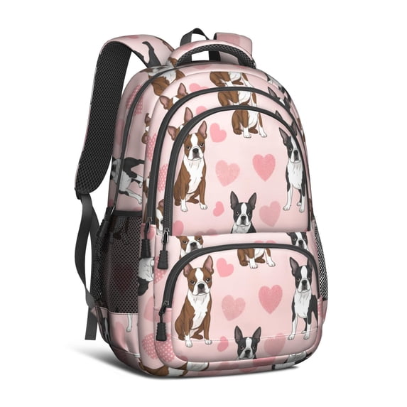 Boston Terrier and Heart Pink Pattern Backpack for School, Cute School Bag with Adjustable Shoulder Straps and Padded Back, 16.9"x12.6"x5.9"