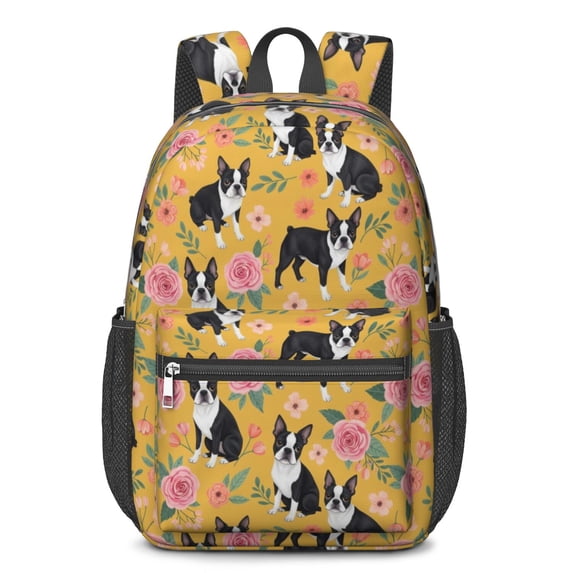 Boston Terrier and Rose Orange Pattern 17" School Backpacks for Teens,Waterproof Oxford Fabric,S-Shape Padded Straps for School,Travel,Hiking,Camping