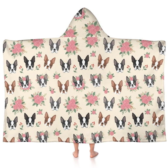 Boston Terrier and Roses Cream Pattern Teens Hooded Bath Towel Wrap for ...