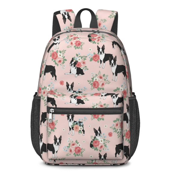 Boston Terrier and Roses Pink Pattern 17" Waterproof Oxford School Backpacks for Teens, S-Shape Padded Straps, for School, Travel, Hiking, Camping