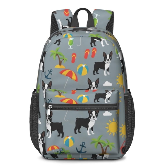 Boston Terrier and Sun Gray Pattern 17" School Backpacks for Teens,Waterproof Oxford Fabric,S-Shape Padded Straps for School,Travel,Hiking,Camping