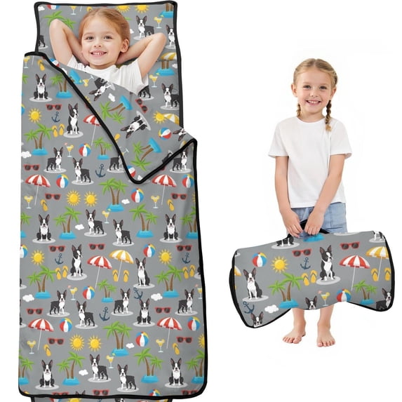 Boston Terrier and Sun Gray Pattern Teens Toddler Nap Mat with Pillow, Sleeping Mat Bag for Preschool Daycare 59"x22"