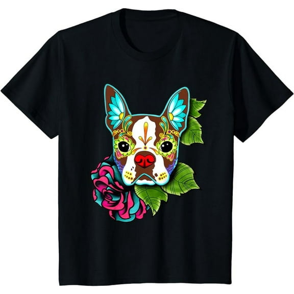 Boston Terrier in Red - Day of the Dead Sugar Skull Dog T-Shirt