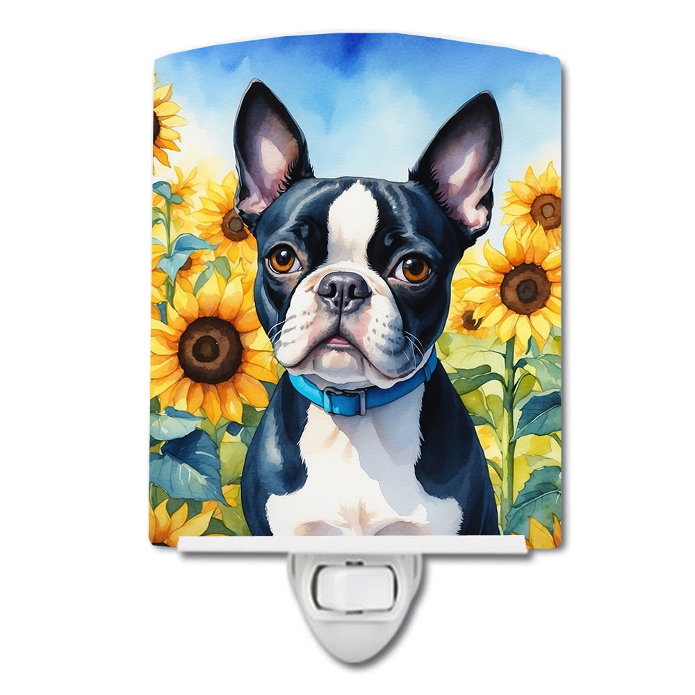 Boston Terrier in Sunflowers Ceramic Night Light 4 in x 6 in