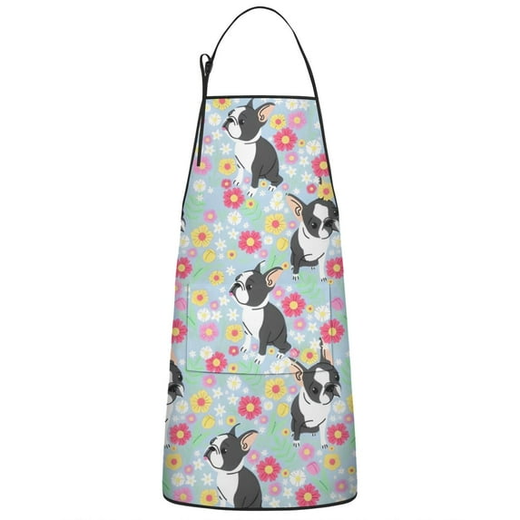 Boston Terriers and Flowers Apron-Garden Aprons for Women with Pockets-Cotton Linen Waterproof Kitchen Cooking Gardening Aprons Adjustable for Kitchen,Cooking,BBQ and Salon 33x27 Inch