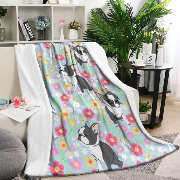 Boston Terriers and Flowers Blanket,Comfortable Soft Lamb Wool Throw Blanket,All Season,Warm Lightweight Blankets for Sofa Bed Couch Living Room Chair,60"x80"