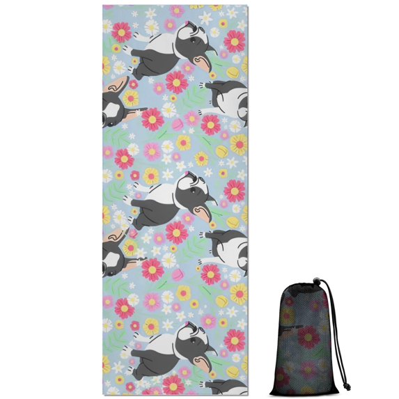 Boston Terriers and Flowers Hot Yoga Mat Towel Non Slip for Hot Yoga - Quick-Drying Yoga Mat Cover with 4 Corner Pockets with Travel Bag - Hot Yoga Towel Non Slip Grip Moisture Wicking Sweat 70"x26"