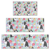 Boston Terriers and Flowers Kitchen Rugs Sets Of 3,Kitchen Runner Rugs Non Skid Washable,Decorative Kitchen Floor Mats for Kitchen,Sink,Laundry,17"x30"  17"x47"   17"x59"
