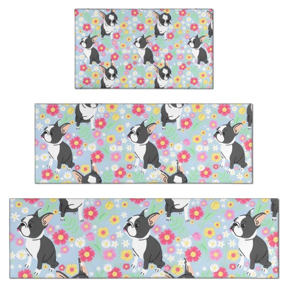 Boston Terriers and Flowers Kitchen Rugs Sets Of 3,Kitchen Runner Rugs Non Skid Washable,Decorative Kitchen Floor Mats for Kitchen,Sink,Laundry,17"x30"+ 17"x47" + 17"x59"