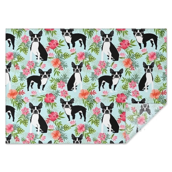 Boston Terriers and Flowers Rectangle Tablecloth 60"x84",Waterproof Polyester Rectangle Table Cloth, Wipeable Spillproof Polyester Tablecloth for Dining, Camping, Indoor and Outdoor