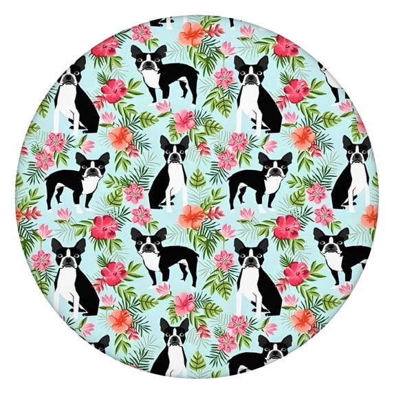 Boston Terriers and Pioneer Flower Round Fitted Tablecloth with Elastic Edge,Dining Table Cover Waterproof,Outdoor Round Tablecloth for Camping,Dining,Indoor and Outdoor