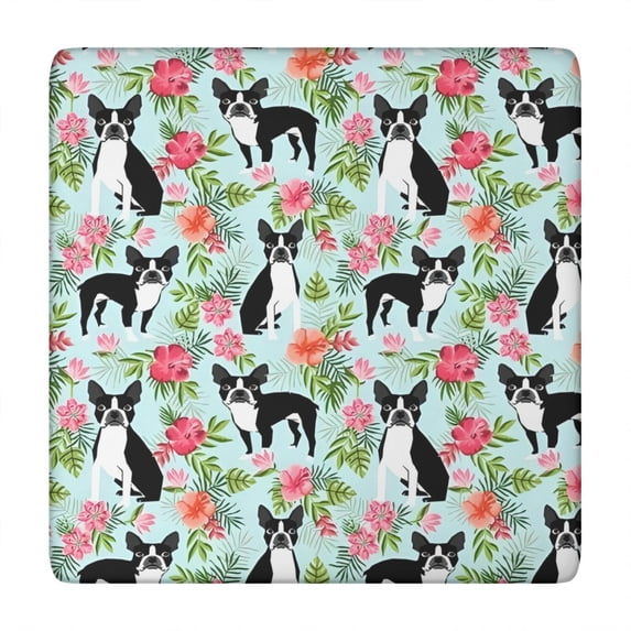 Boston Terriers and Pioneer Flower Square Fitted Tablecloth with Elastic Edge,Square Table Cover,Washable Elastic Table Cover for Home Kitchen Party Decor 34"x34"