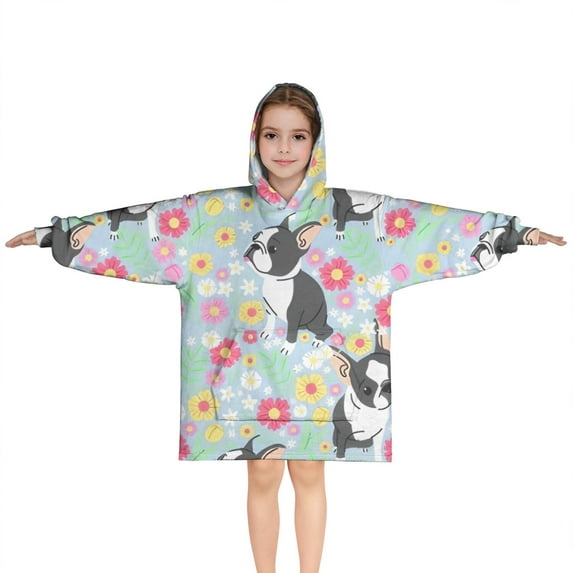 Boston Terriers and Flowers Blanket Hoodies for Kids 6-13YR Oversize Wearable Blanket Hoodies for Boys Girls Teens