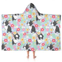 Boston Terriers and Flowers Hooded Bath Towel，50"x30" for Ages 3 To 12 Kids, Quick Dry Lightweight Soft Microfiber Hood Beach Towel Cover Up for Kids