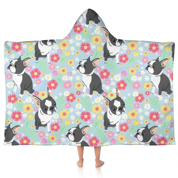 Boston Terriers and Flowers Hooded Bath Towel，50"x30" for Ages 3 To 12 Kids, Quick Dry Lightweight Soft Microfiber Hood Beach Towel Cover Up for Kids