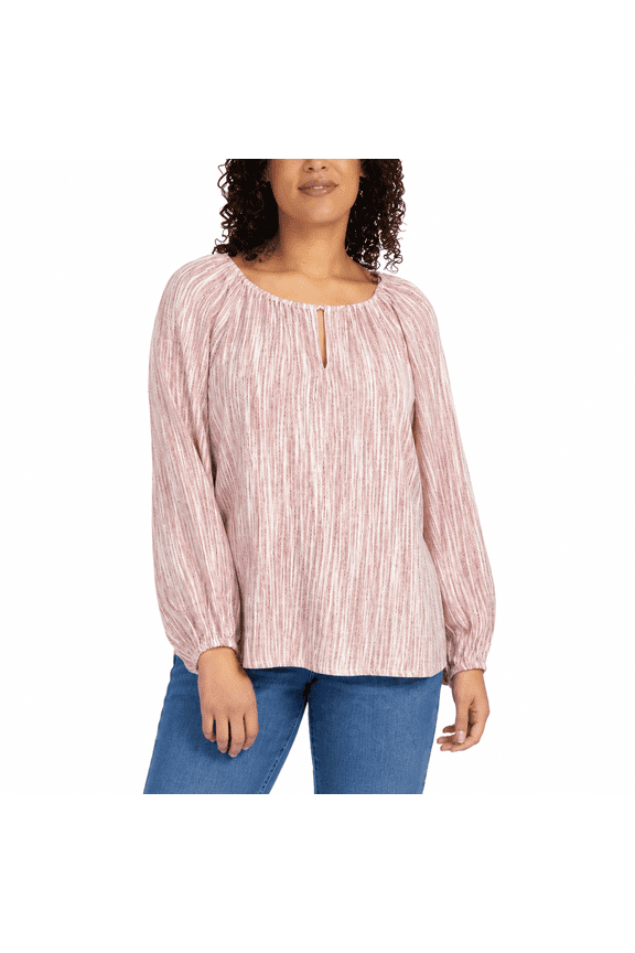 Gathered Neck Keyhole Long Sleeve Blouse, Women's, Size Medium - Color Red