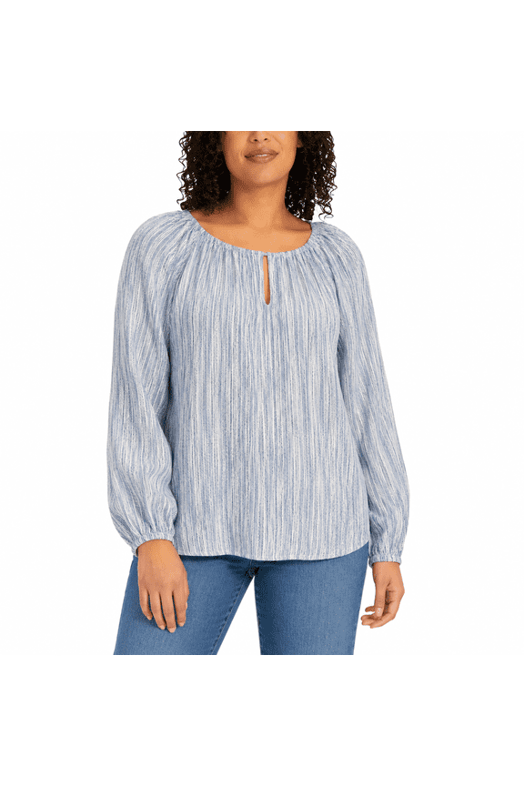 - Gathered Neck Keyhole Long Sleeve Blouse, Women's, Size Small - Color Blue