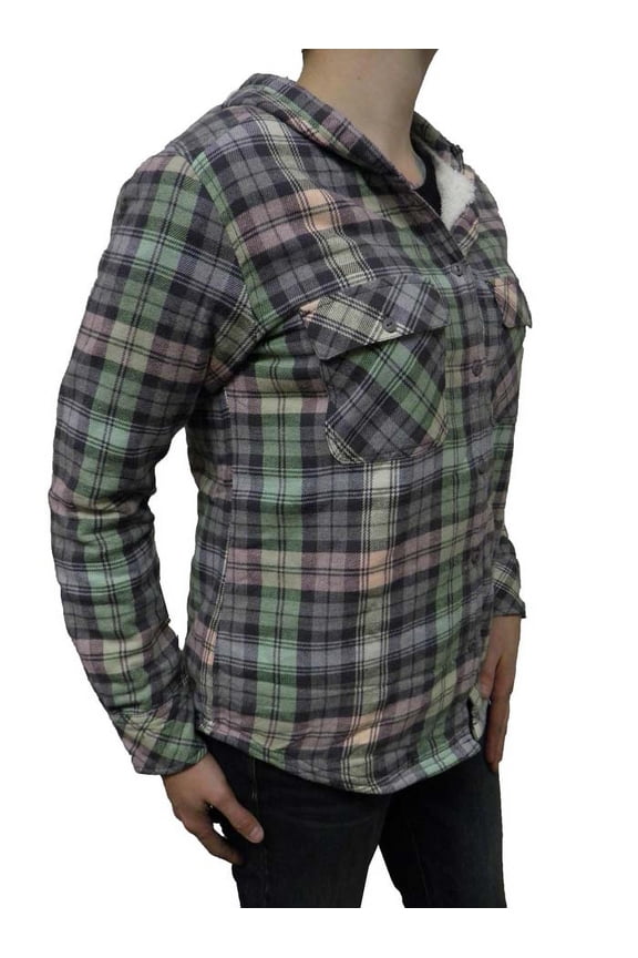 Women's Sherpa Lined Flannel Hoodie (Small, Green/Grey)