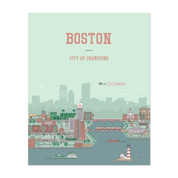 Boston Travel Poster - Boston Massachusetts Digital Art Cityscape Skyline Illustration Quote Retro Architecture Bicycle Unframed Wall Art Print 36 x 48 inches