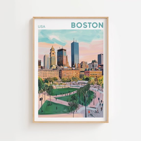 Boston Travel Poster United States Art Maximal Decor Mid Century Modern Wall Art Vibrant Eclectic Wall Art Unframed Paper Print