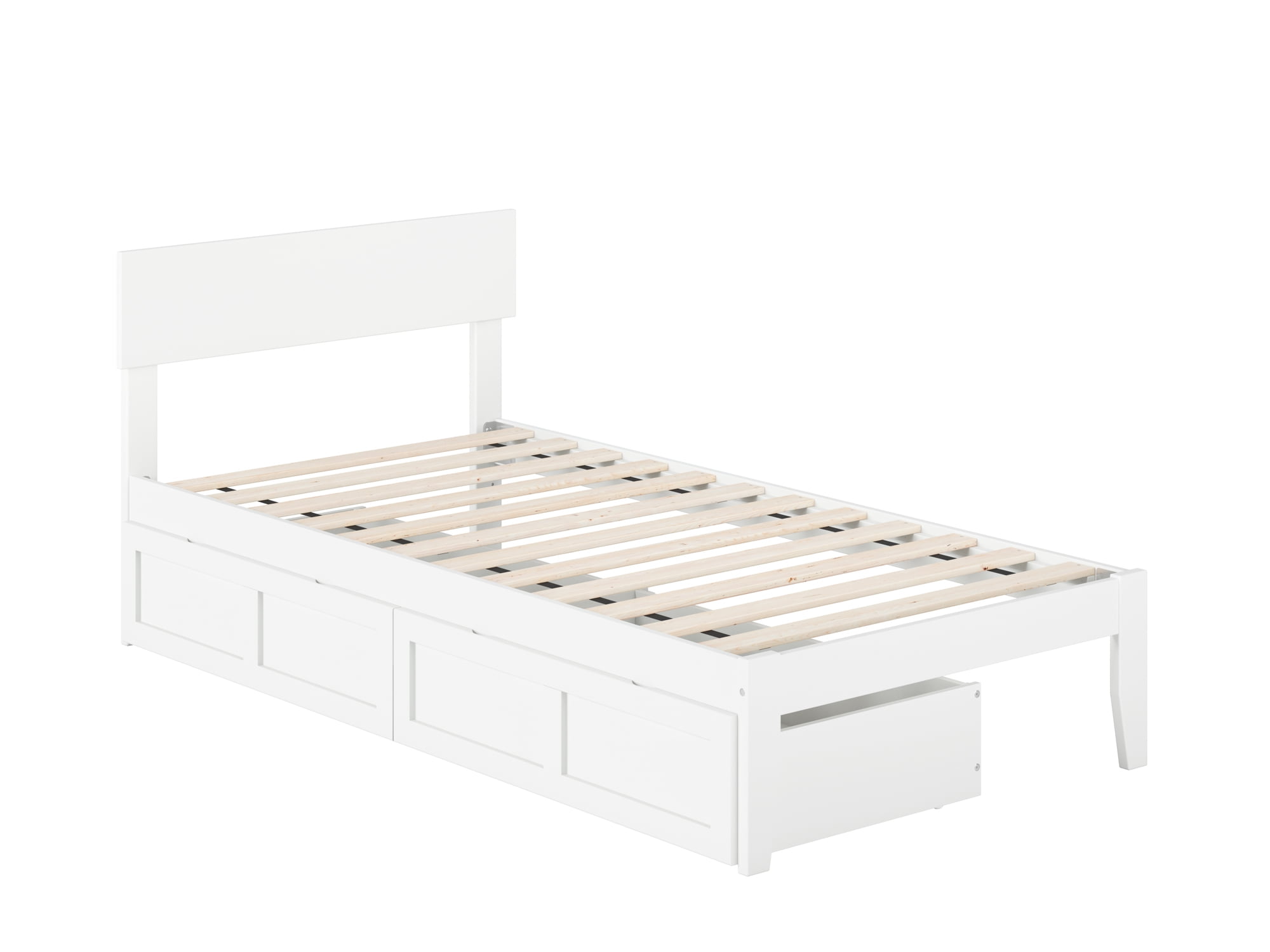 White Twin Wood Platform Bed with Storage Drawers and Upholstered Headboard