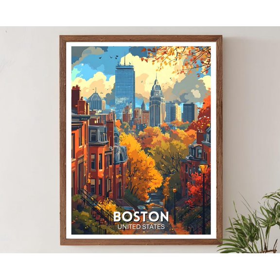 Boston United States Autumn Cityscape Poster Beacon Hill Fall Skyline Travel Wall Art Print 8x12 UNFRAMED