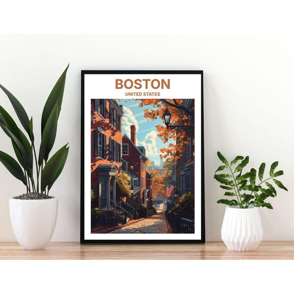 Boston United States Autumn Street Architecture Travel Poster Wall Art Print Cityscape Illustration 8x12 UNFRAMED
