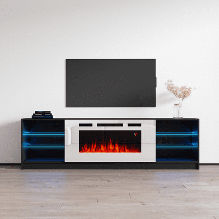 Boston WH01 Fireplace TV Stand for TVs up to 90", Modern High Gloss 79" Entertainment Center, Electric Fireplace TV Media Console with Storage Cabinets and LED Lights