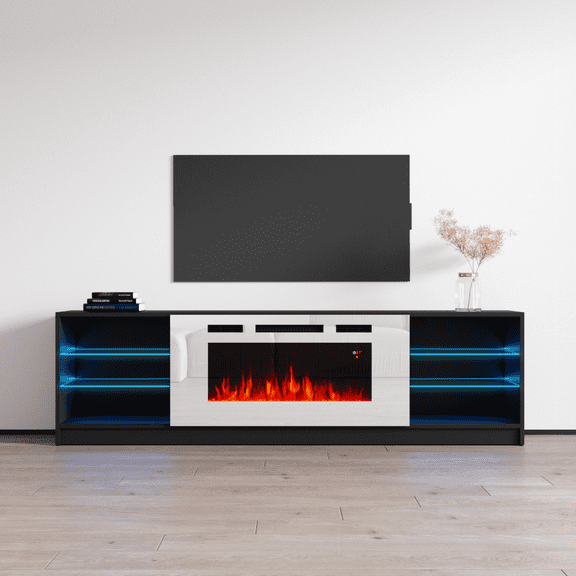 Boston WH01 Fireplace TV Stand for TVs up to 90", Modern High Gloss 79" Entertainment Center, Electric Fireplace TV Media Console with Storage Cabinets and LED Lights