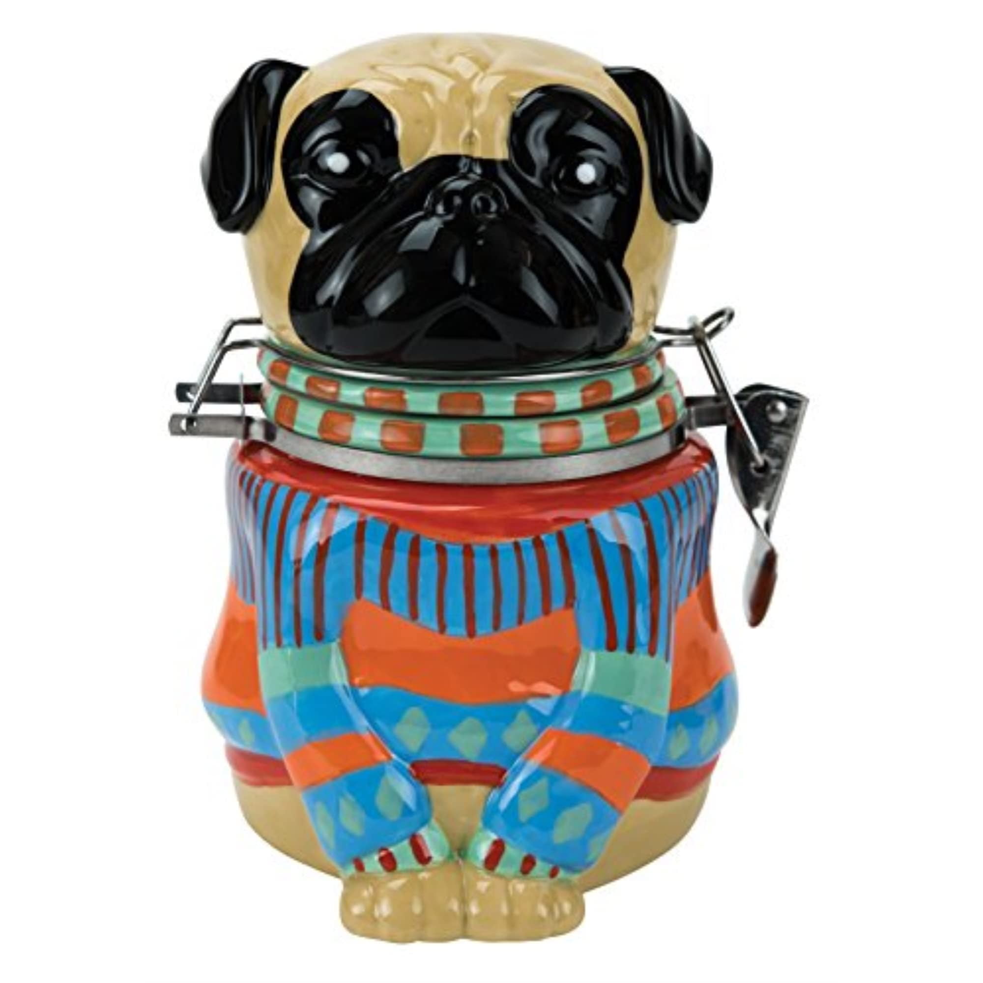 Hand-Painted Ceramic Pug Jar with Colorful Sweater Design