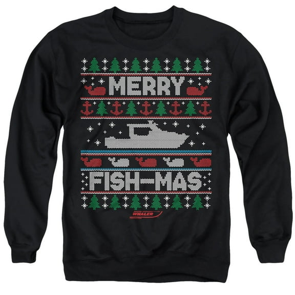 Boston Whaler Merry Fish-mas Unisex Adult Crewneck Sweatshirt, Black, 3X-Large