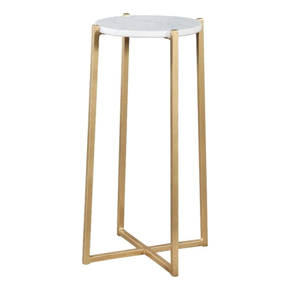 Boston White and Gold Round Genuine Marble Top Accent End Table