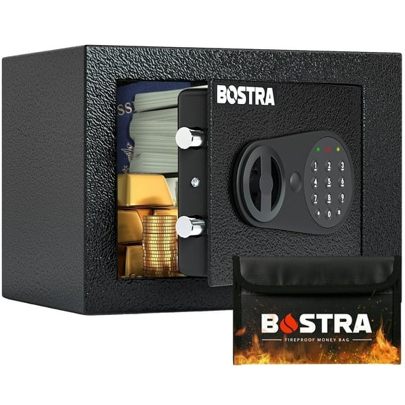 Bostra Digital Safe Box with Alarm System, Sensor Light & Fireproof Bag, 9"x 6.6"x 6.5", 0.23 Cubic Feet, Black