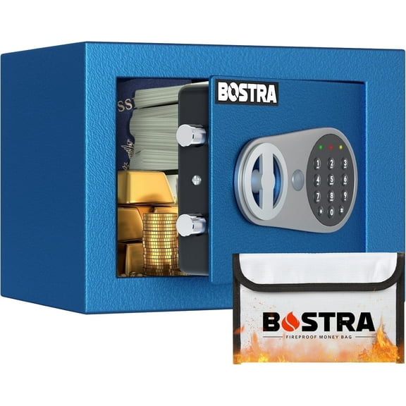 Bostra Digital Safe Box with Alarm System, Sensor Light & Fireproof Bag, 9"x 6.6"x 6.5", 0.23 Cubic Feet, Blue