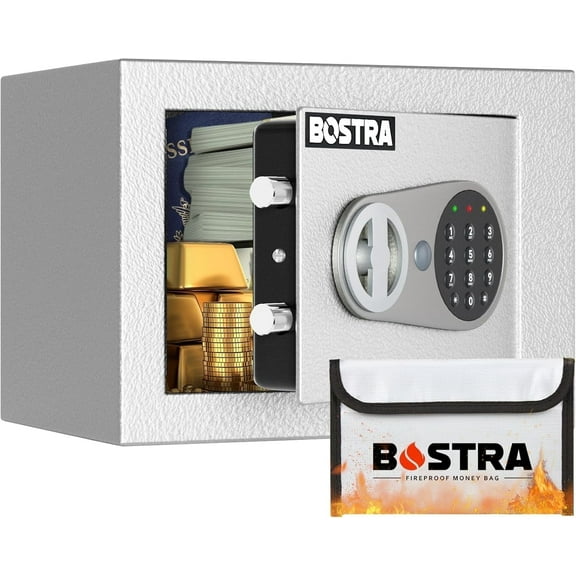 Bostra Digital Security Safe with Sensor Light & Fireproof Bag, 0.23 Cu. Ft., White