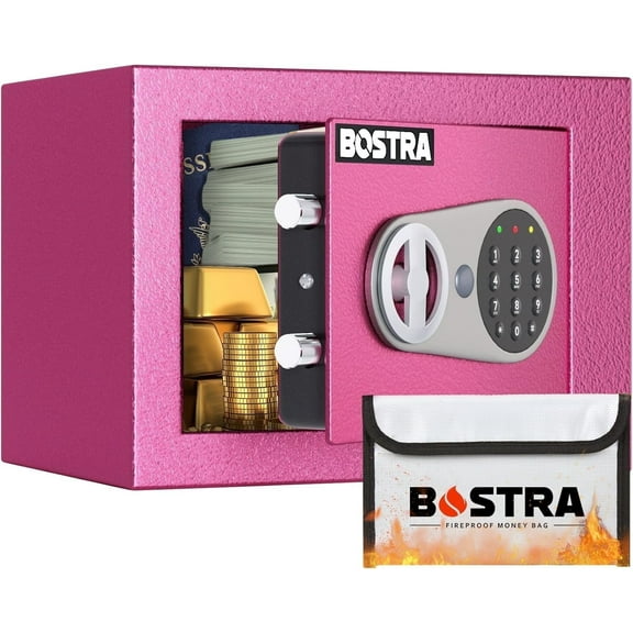 Bostra Digital Security Safe with Sensor Light & Fireproof Bag, 0.23 Cu. Ft., Pink