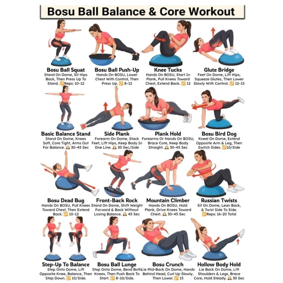 Bosu Ball Workout Poster, Half Ball Balance, Core Strength & Balance ...