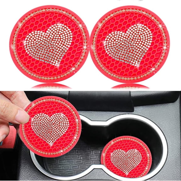 BotaniNest 2 Pack Heart Bling Car Cup Mug Mat Sparkly Rhinestone Car Mug Mat For Cup Holders Insert Black Cute Car Accessories Interior For Women Kawaii Car Decor Gift 2.75 Inch Fits Most