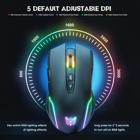 BotaniNest CW905 RGB 5 Adjustable DPI Wireless Rechargeable Gaming Mouse, Ergonomic