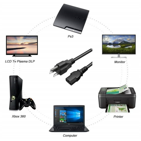 BotaniNest Standard 5ft (1.5m) 10 125 Black 3 Prong AC Power Cord For Electronics TV Computer Radio Asus Laptop And More