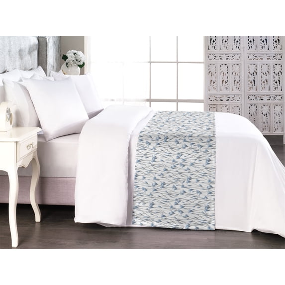 Botanial Bed Runner, Spring Vibes Digital Drawn Violet Flower Sketch Pattern on Plain Back, Decorative Accent Bedding Scarf for Hotels Homes & Guest Rooms, King, Soft Blue and White, by Ambesonne