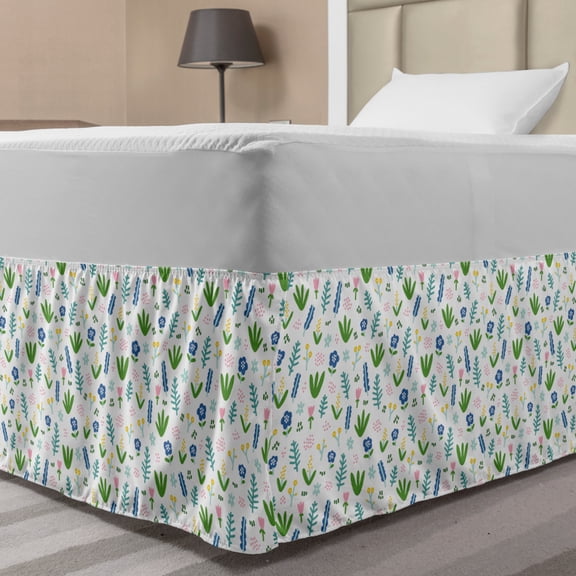 Botanic Bed Skirt, Pastel Blossom Branches Little Tulip Petals Along Leaves and Herbs, Elastic Bedskirt Dust Ruffle Wrap Around for Bedding Decor, 4 Sizes, Green Violet Blue and Pink, by Ambesonne