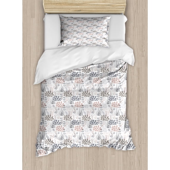 Botanic Duvet Cover Set, Floral Pattern of Leaves Doodle Flourishing Blossoms Bushes Herbs, Decorative 2 Piece Bedding Set with 1 Pillow Shams, Twin Size, Mauve Taupe and Blue Grey, by Ambesonne