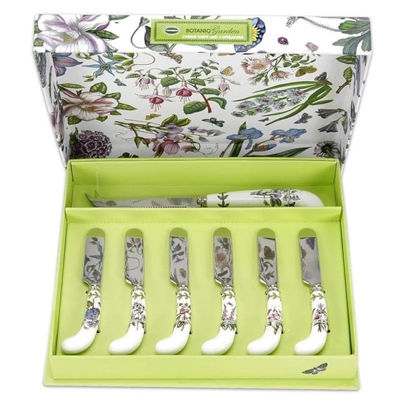 Botanic Garden Cheese Knife and Spreader Set | Cheese Knife and Set of 6 Spreaders | Floral Design | Made from Stainless Steel with Porcelain Handles