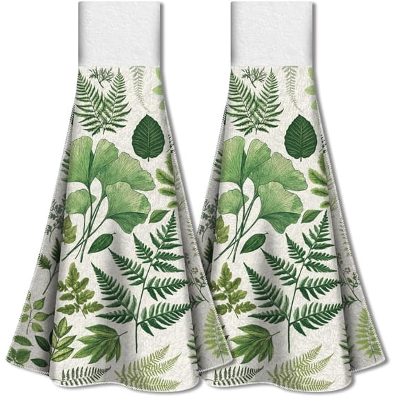 Botanic Hanging Kitchen Towels Set of 2 Soft Super Absorbent Green Leaves Hand Towels with Loop Microfiber Fern Plant Herbs Decorative Hand Dish Towels Tea Towels for Kitchen Bathroom Home 1set