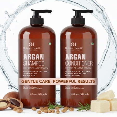 Botanic Hearth Argan Oil Shampoo And Conditioner Set | 16 Fl Oz Each With Keratin, Restorative & Moisturizing, Sulfate Free | All Hair Types & Color Treated Hair, Men And Women | (Packaging May Vary)